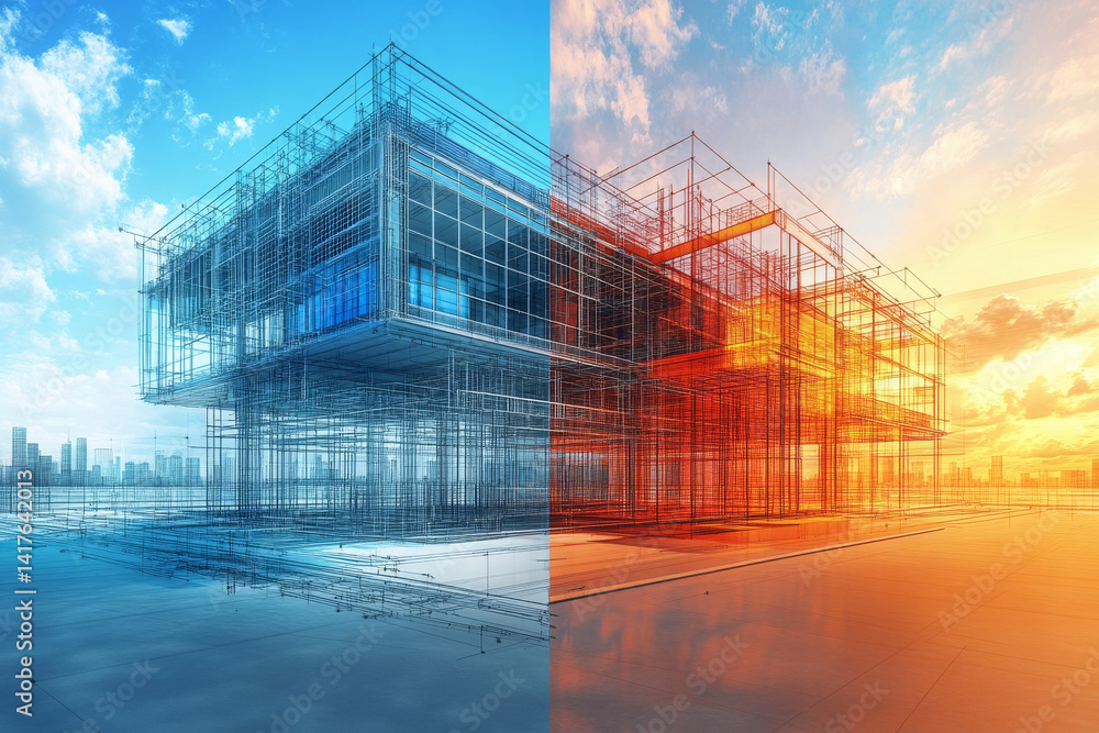Poster stunning architectural visualization showcasing modern building structure in contrasting colors