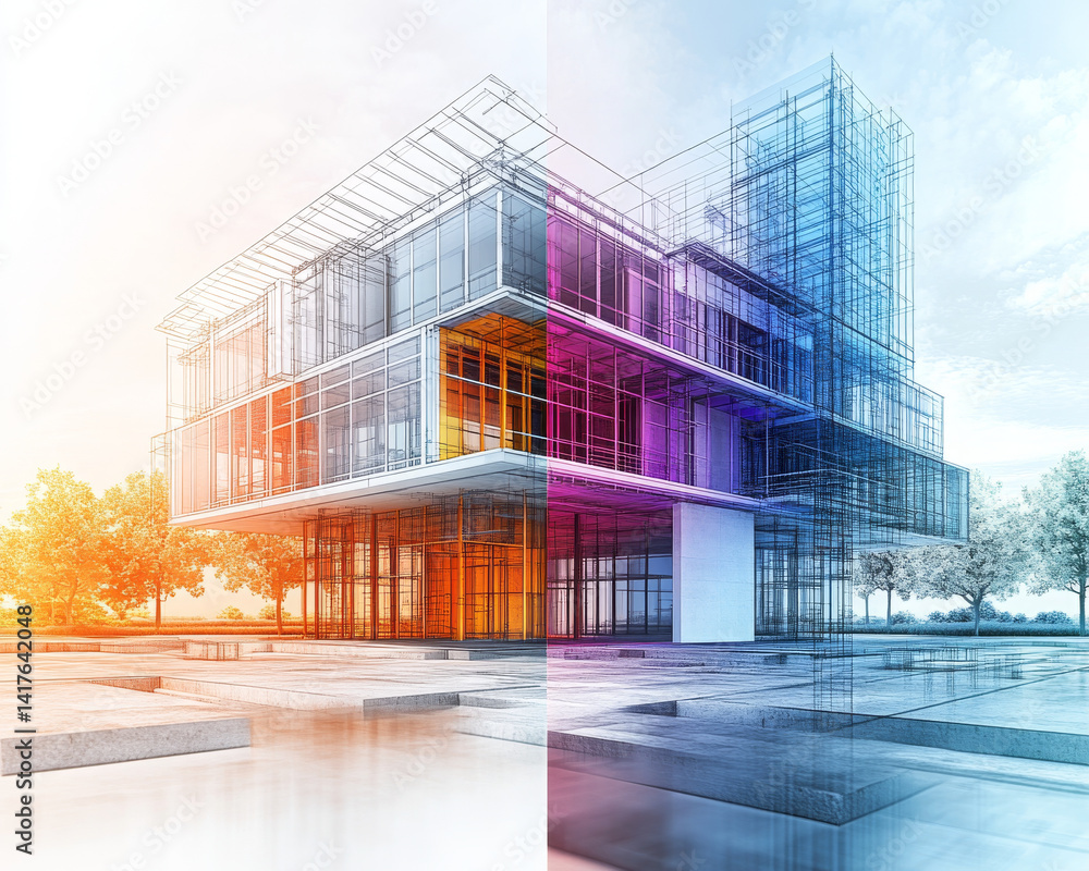 Poster architectural visualization of modern building with unique design and vibrant colors