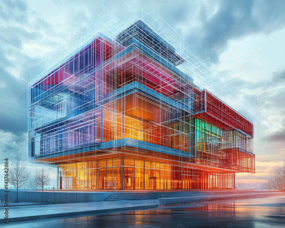 Poster architectural visualization of modern building with colorful elements and intricate design