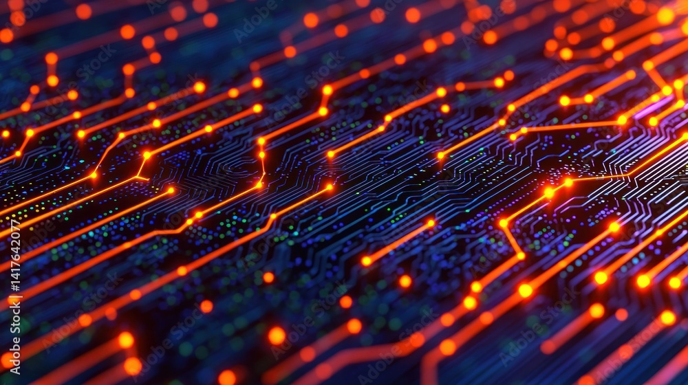 Poster abstract close-up of a vibrant circuit board with glowing connections and patterns