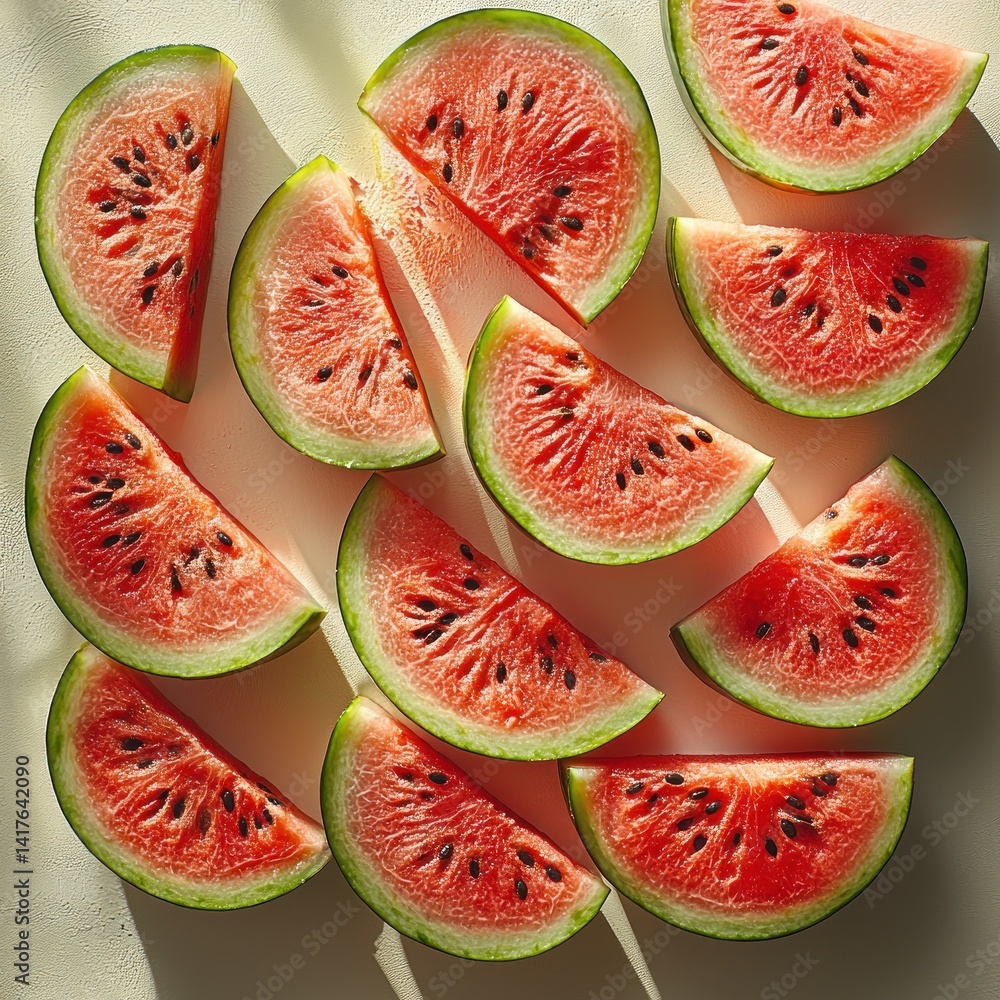 Poster vibrant watermelon slices arranged in a refreshing and appetizing display