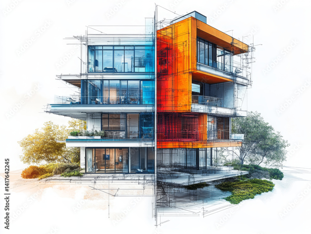 Poster modern architectural visualization showcasing vibrant building design with detailed sketches