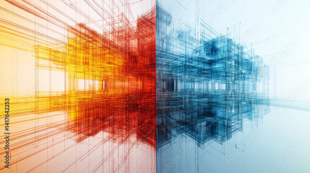 Poster abstract architectural visualization with contrasting colors of red and blue, showcasing depth