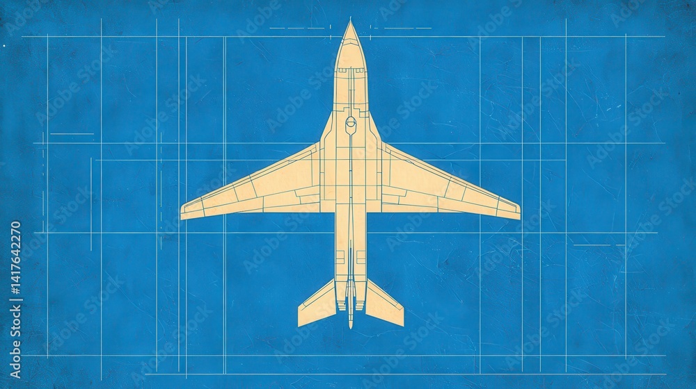 Poster technical blueprint design of an aircraft in yellow lines on blue background for engineering and avi