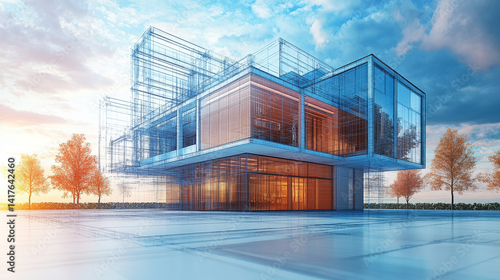 Aufkleber modern architectural visualization showcasing futuristic building design with transparent