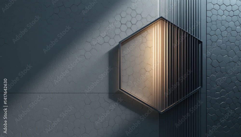 Poster illuminated hexagonal structure modern architecture interior design urban environment close-up view 