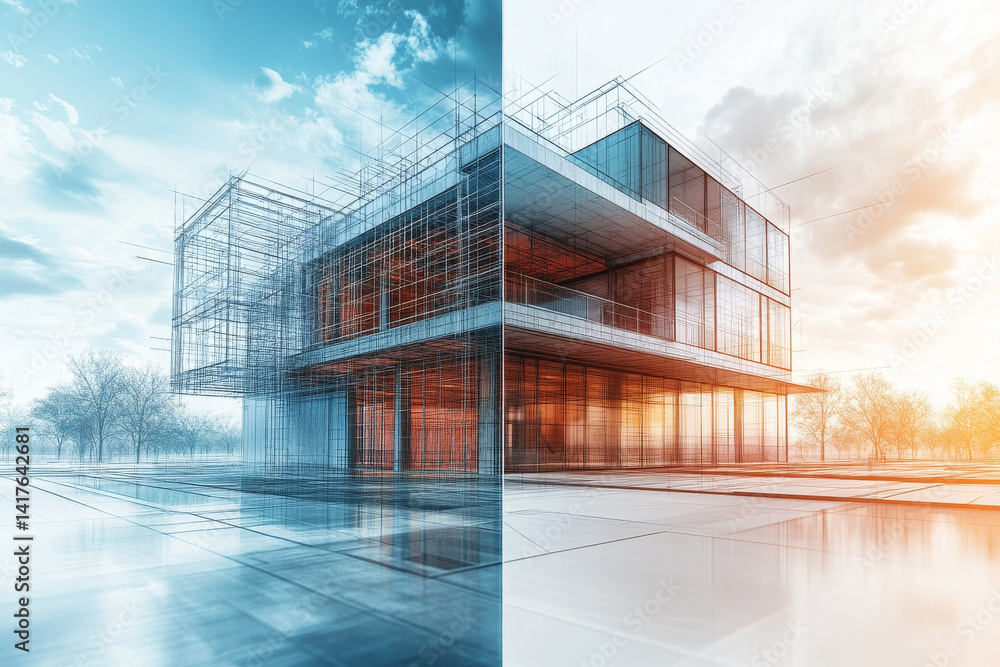 Poster modern architectural visualization showcasing building structure with intricate scaffolding