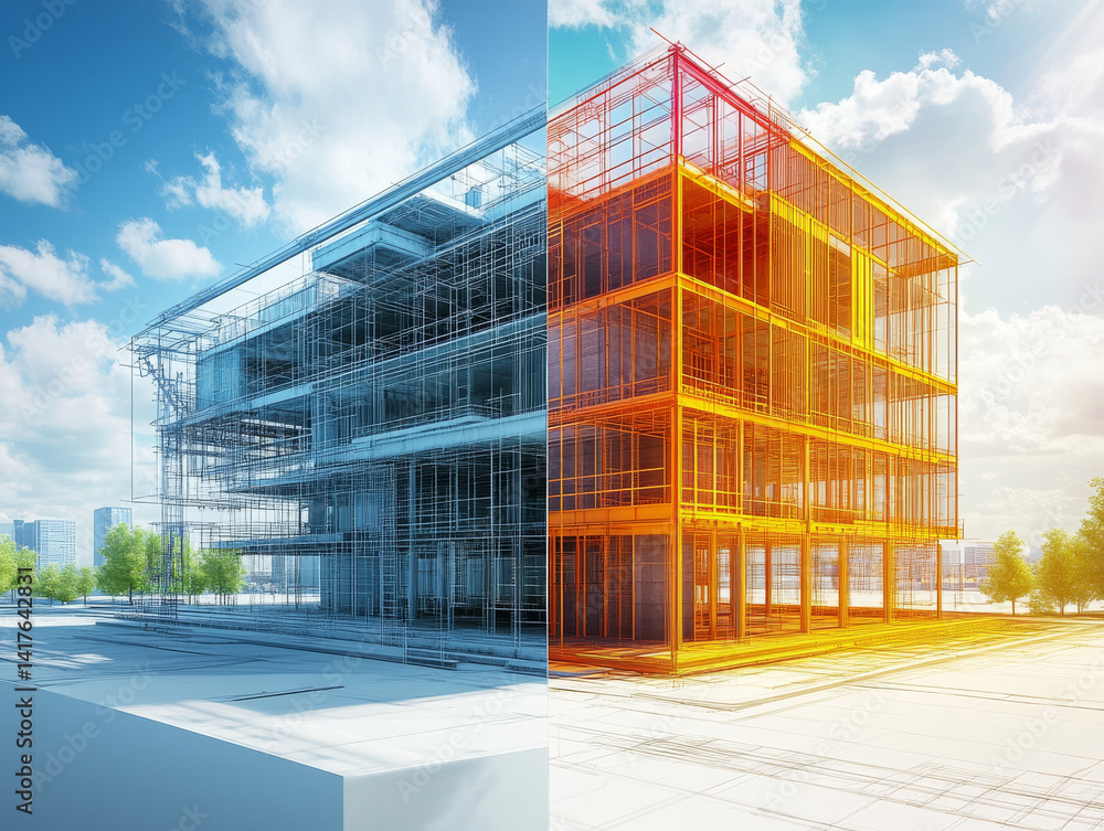 Poster architectural visualization showcasing modern building design with contrasting styles