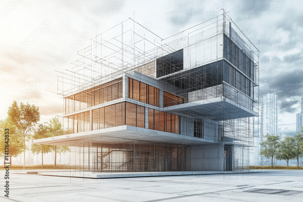 Aufkleber architectural visualization of modern building with scaffolding and glass elements