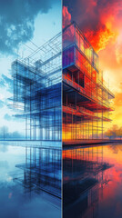 stunning architectural visualization showcasing building in contrasting colors and reflections