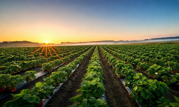 Lush strawberry field at sunrise with rows of plants under clear sky