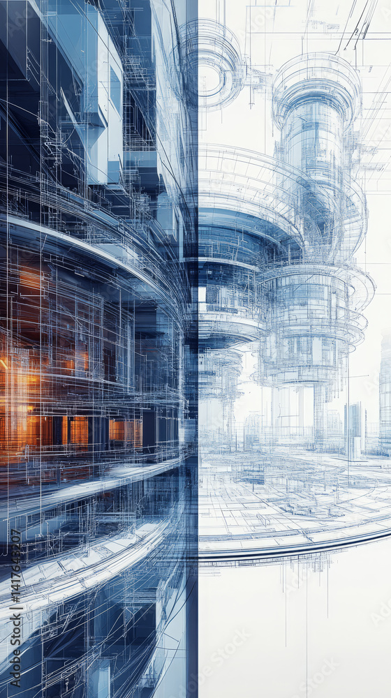 Poster futuristic architectural visualization showcasing intricate engineering designs and structures