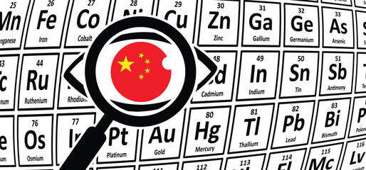 China, 17 Rare earth element, REE or rare earth metals, ETF or rare earths. Periodic Table. Neodymium on periodic table of the elements. Atomic symbol or icon. The chemical element. Atomic number.