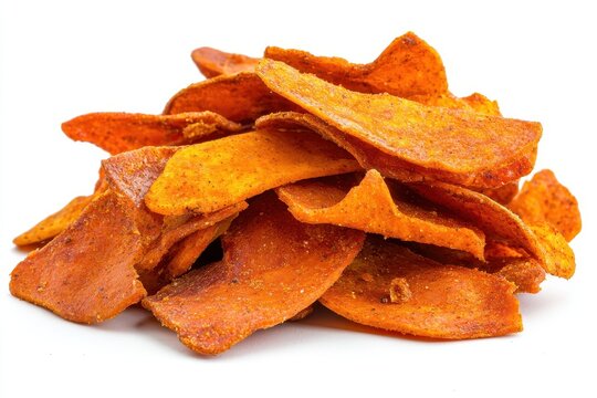 Spicy mango chips a vibrant pile of crispy sweet and tangy dehydrated mango slices perfectly seasoned isolated on white background