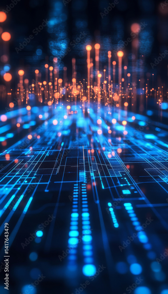 Poster abstract digital landscape with glowing lines and dots creating futuristic atmosphere