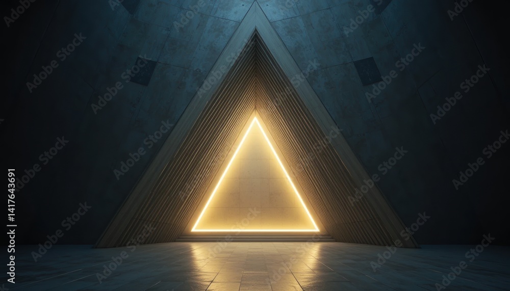 Poster illuminated triangle structure modern architecture interior design dark environment symmetrical view