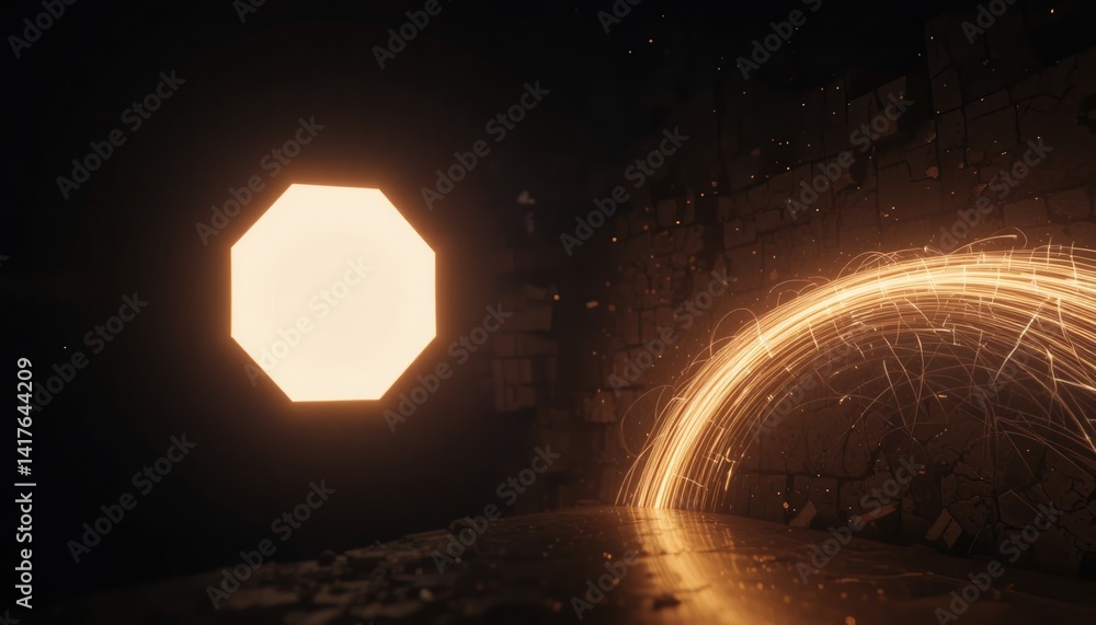 Poster illuminating sparks from an octagonal light source in a dark industrial environment captured in stun