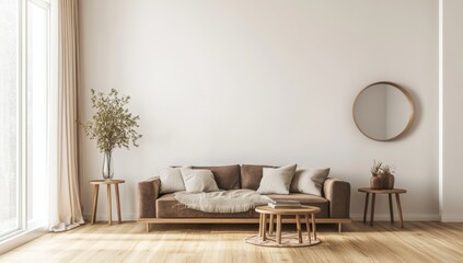 Modern minimalist living room with light brown sofa, round mirror, and plant