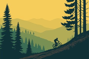 56 Scenic mountain biking, sunset landscape, forest trail, silhouette cyclist, pine trees, golden sky, distant mountains, serene wilderness, digital illustration, vibrant colors, atmospheric lighting, © Md Ruhul Amin