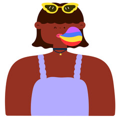 A woman blowing rainbow colored bubble gum, celebrating Pride Month, flat vector illustration representing LGBTQ+ pride, self expression, and diversity