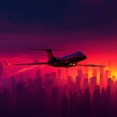Private jet plane flying above city in beautiful sunset light. Modern and fastest mode of transportation, business life