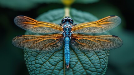 Close-up of an elegant blue damselfly perched on vibrant green leaf edge with iridescent wings and metallic colors against deep emerald background. Sharp focus highlights intricate wing patterns.