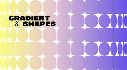 Abstract gradient background with circular geometric shapes. Minimalist vector poster design. Modern graphic with a dynamic white grid and a yellow and purple gradient