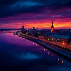 Obraz premium RIga rooftop view panorama at sunset with urban architectures and Daugava River. View of the old town