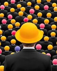 Obraz premium Man in Yellow Bowler Hat Among Crowd of People in Pink and Yellow Hats