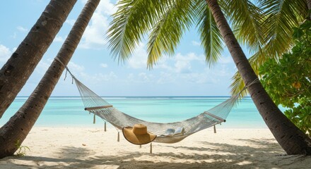Relaxing Hammock on Tropical Beach with Hat and Book