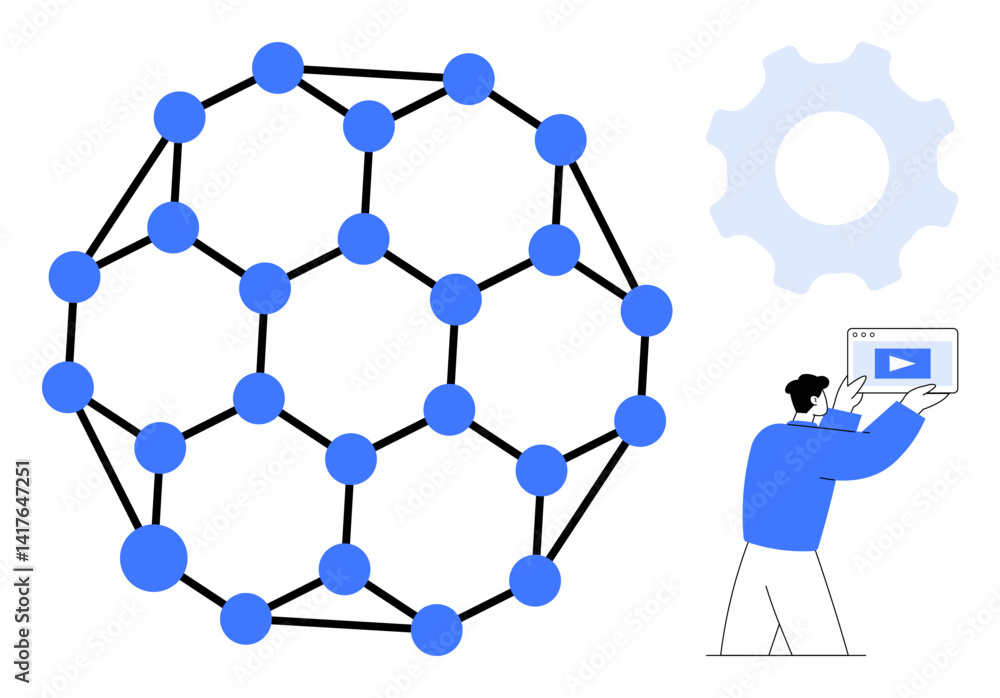 Poster geometric network sphere comprised of blue nodes and lines, person holding tablet with play button, 