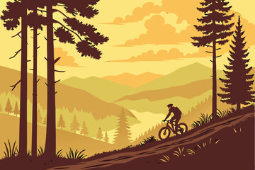 56 Scenic mountain biking, sunset landscape, forest trail, silhouette cyclist, pine trees, golden sky, distant mountains, serene wilderness, digital illustration, vibrant colors, atmospheric lighting,
