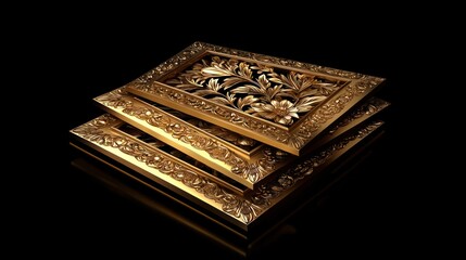 Fototapeta premium Gold ornate picture frames stacked on black background
