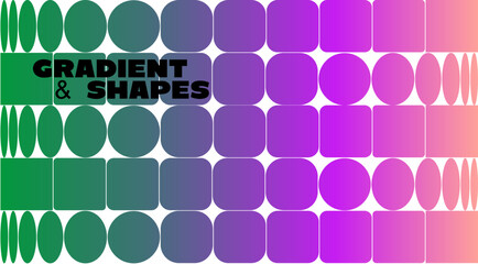Abstract gradient background with circular geometric shapes. Minimalist vector poster design. Modern graphic with a dynamic white grid and a green and purple gradient