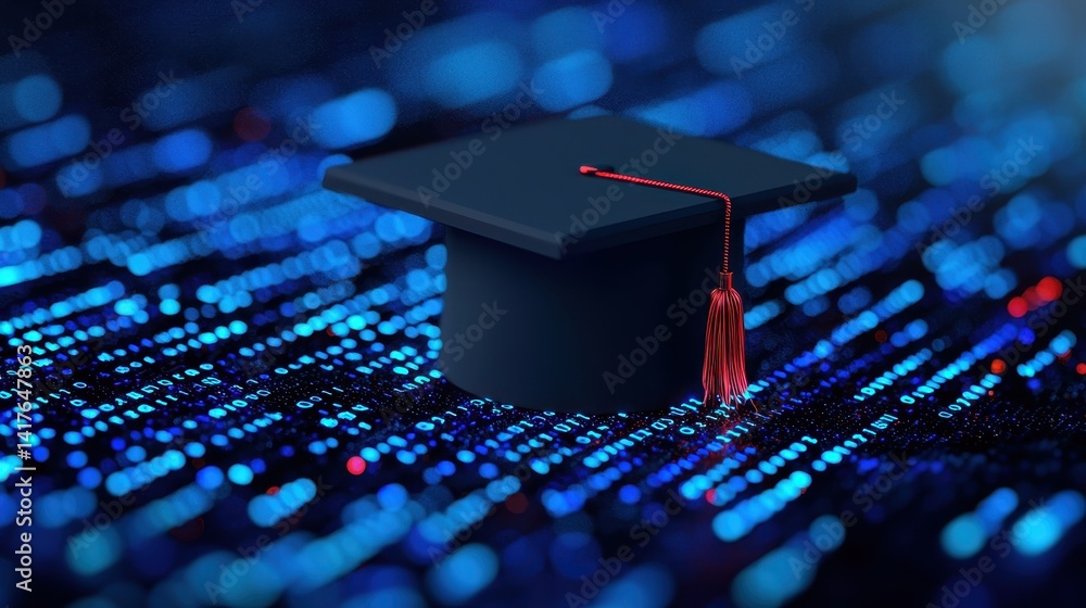Poster digital graduation cap on data matrix background representing education and technology concept
