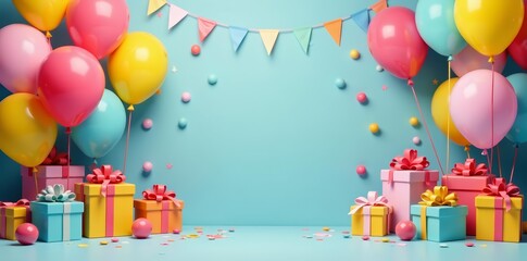 Cheerful birthday party decorations with colorful balloons and gifts, birthday, presents