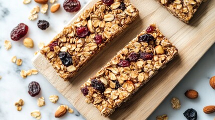 Several granola bars with oats and dried cranberries on a wooden board, creating a healthy and convenient snack.