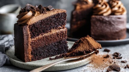 Moist chocolate cake with swirls of creamy chocolate frosting, dusted with cocoa powder - chocolate cake swirls soft