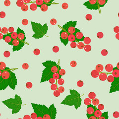 Red currant berry isolated on a pastel green background. Seamless pattern. Red berries and green leaves in the flat style. Background for paper, gift wrap, textile, wallpaper.