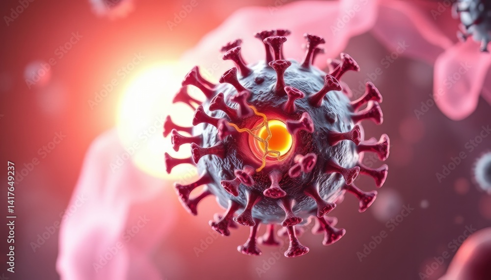 Poster microscopic three dimensional rendering of a pathogen with red and white protrusions