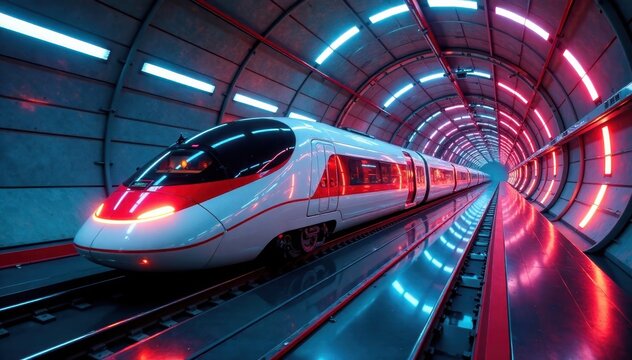 Futuristic train glides smoothly through vacuum-sealed tube, vacuum tube, trains