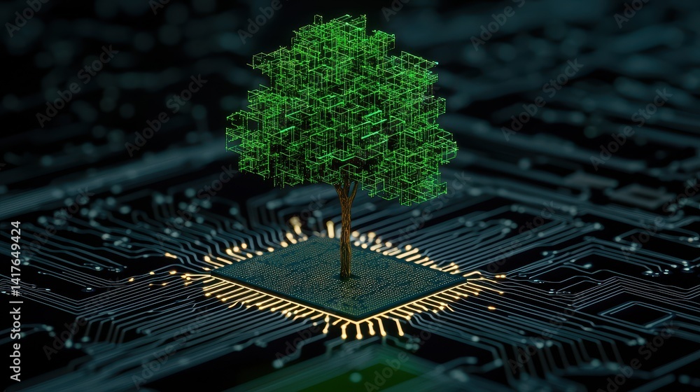 Poster digital tree growth from microchip with circuit pattern symbolizing technology and nature harmony