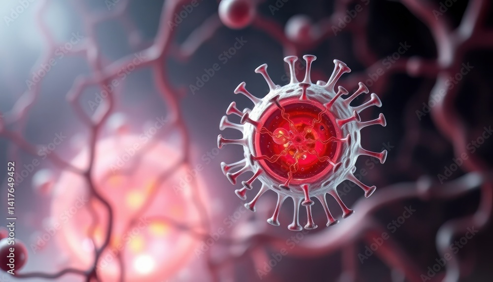 Poster microscopic view of a viral cell in dark background 3d rendering