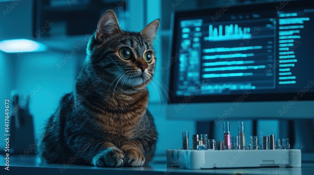 Poster curious cat observing computer screen in a modern workspace with stylish office decor
