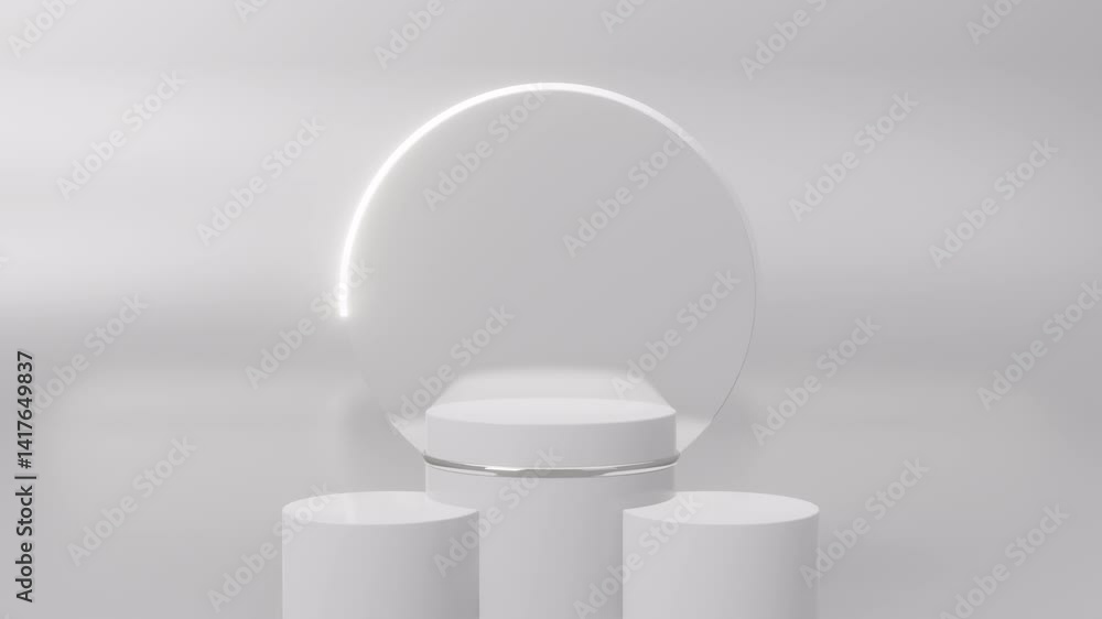 Poster podium with a bright white circle in rotation swirling around glowing on white background. futuristi