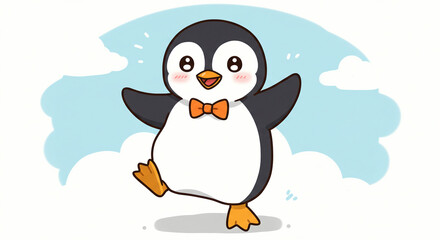 Naklejka premium Cartoon Penguin Walking with Bow Tie in Sky Illustration