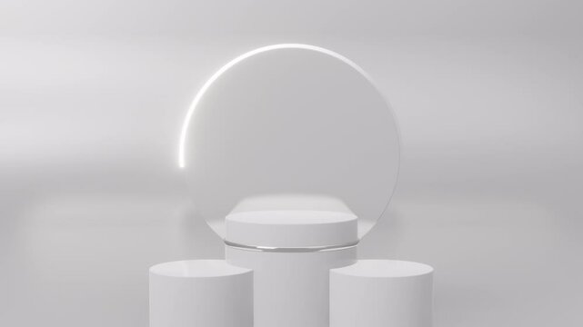 Podium with a bright white circle in rotation swirling around glowing on white background. Futuristic showcase with platform for product display. Presentation on empty stage. 3d animation loop 4K 