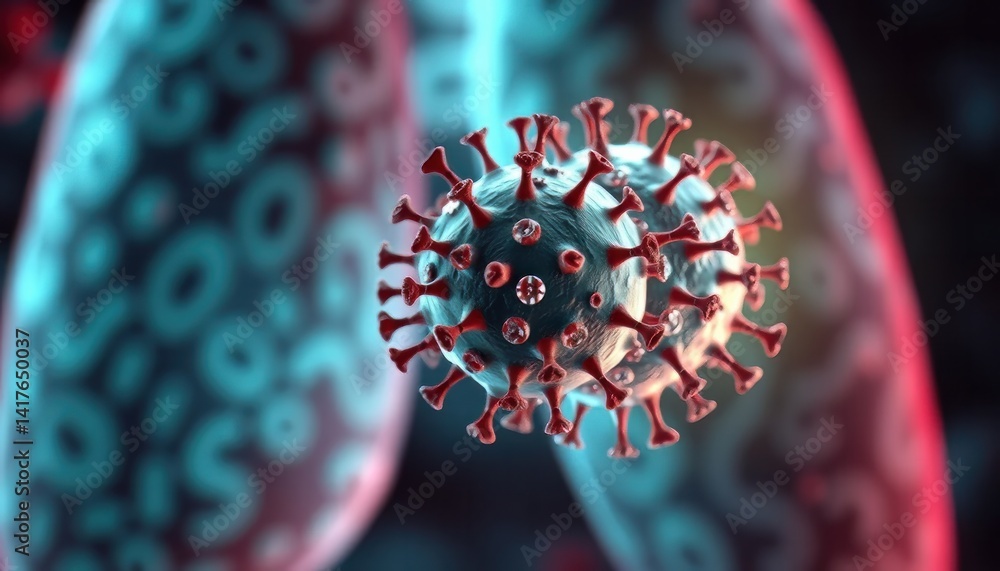 Poster microscopic view of a virus with red spikes on teal background