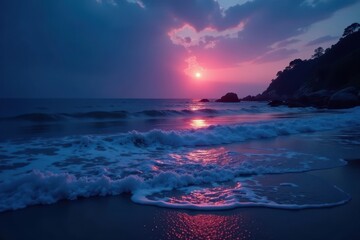 Gentle lapping of waves against the shore in a tranquil ocean scene at night , night, beach