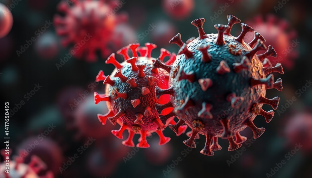 Poster microscopic view of viruses multicolored viral particles in 3d rendering